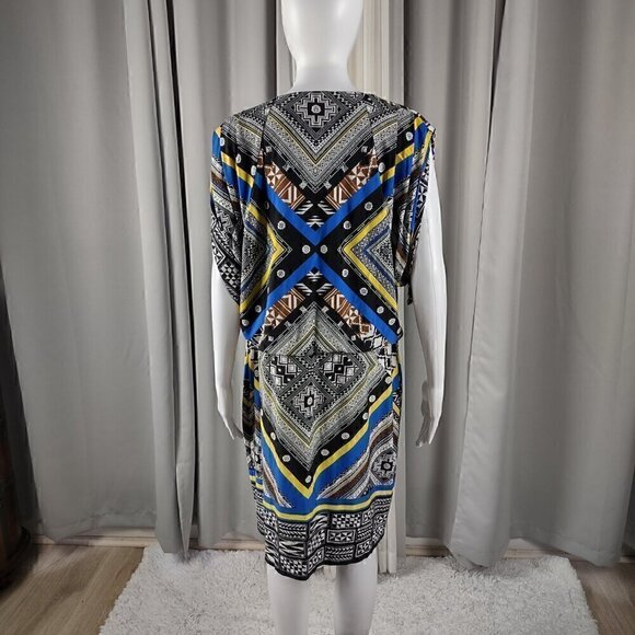 Emma & Michele Blue & Black Geometric V-Neck Stretch Blouson Shirt Dress Size L - Picture 3 of 13